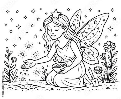 Fairy character kneeling and planting seeds in garden with small shovel and flowers