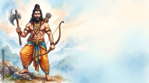 Watercolor illustration of lord parshuram with axe and bow for parshuram jayanti.