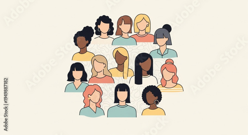 Diverse group of women faces illustration in a circle.