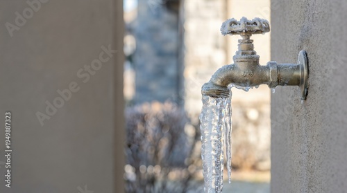 Wallpaper Mural Outdoor water faucet with icicles forming on the spout, showcasing frozen water dripping in a winter landscape with blurred background elements Torontodigital.ca