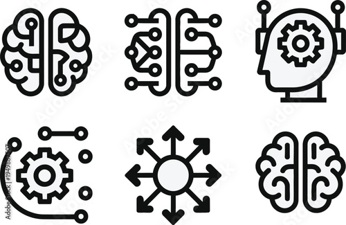 AI and Brain Icons: A collection of sophisticated icons representing artificial intelligence and the human brain, symbolizing technological advancement and innovative thinking.