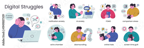 Digital struggles scene set with textured characters. Doomscrolling, social media hate, notification anxiety, FOMO, AI fear vector illustration. Flat cartoon people with smartphones, emotions online