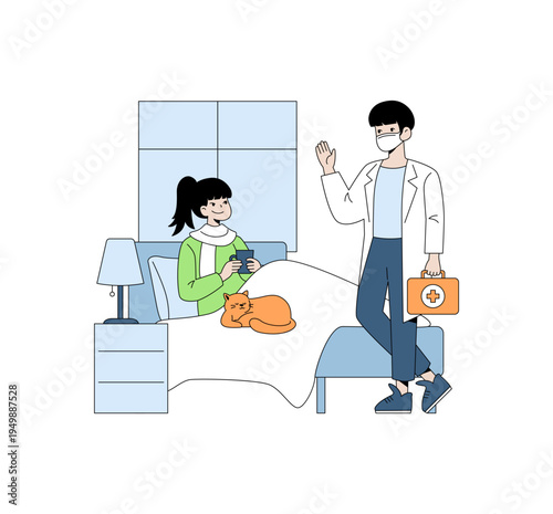 Doctor Visiting Patient and Cat in Bed Vector Illustration