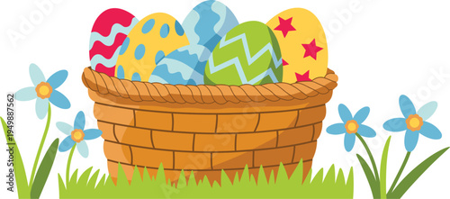 Wicker Easter basket full of colorful patterned eggs on green grass with blue flowers vector