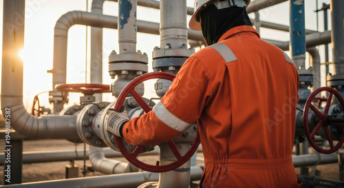 Worker operating a valve on an industrial pipeline system