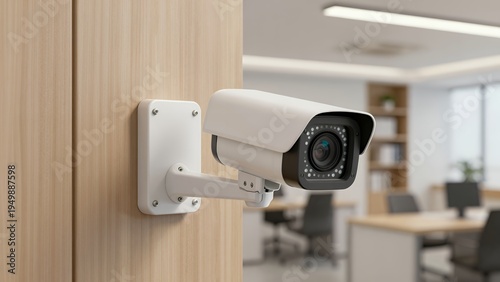 Modern Office Security Camera Mounted on the Wall in a Professional Workspace Environment