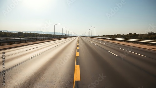 retroreflective. A wide highway with a prominent yellow double solid line extending to the horizon. mobility guides, transit brochures, designed for transport & logistics marketing.