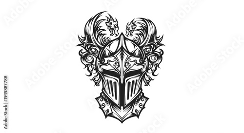Ornate Medieval Knight Helmet with Dragon Crest - Detailed Illustration