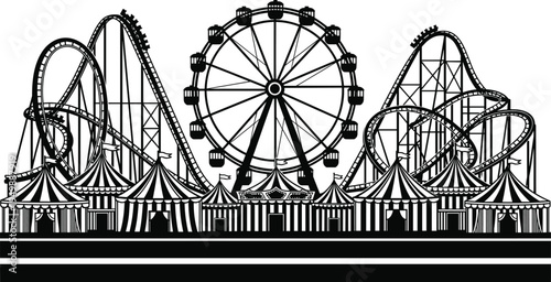 Amusement park silhouette with roller coaster, Ferris wheel, and carnival circus tents, for summer festival, fairground background, and family entertainment events