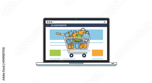 Online Shopping Concept with Full Shopping Cart on Laptop Screen