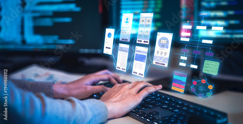 Programmer using artificial intelligence with prompt tools as developer improves vibe coding and programming, building coding software engineering for UX UI automation and user interface