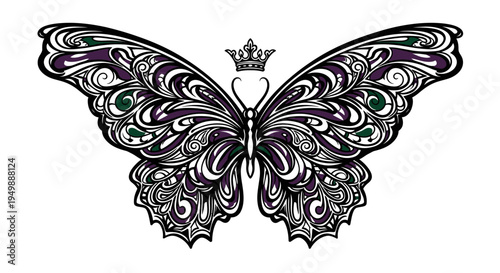 Ornate Butterfly Illustration with Crown, Decorative Wings Design