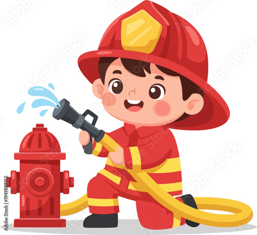 Cute Little Firefighter Kid Spraying Water Hose Next to Fire Hydrant – Cartoon Vector Illustration