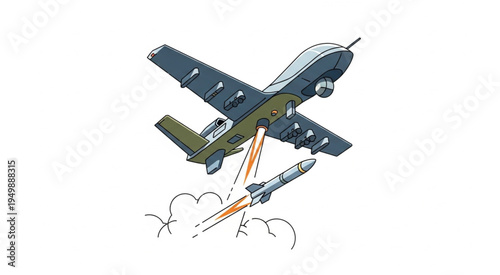 Drone firing missile, aerial combat illustration, modern warfare concept.