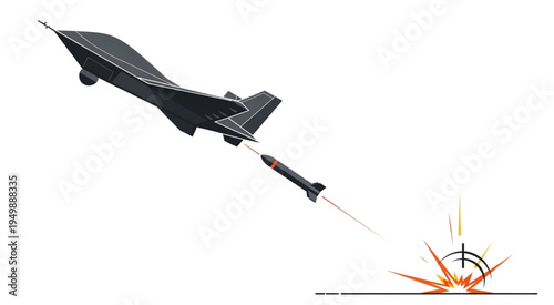 Drone launching missile towards target with explosion, isolated on white.