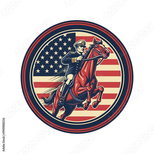 Patriotic cavalryman riding horse with american flag emblem