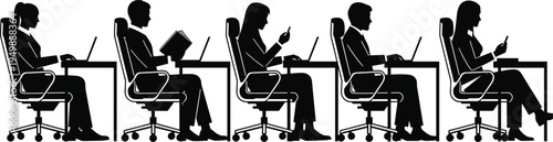 Business Professional Silhouette Set Featuring Men And Women Working On Laptops At Desks Reading And Using Smartphones In Modern Office