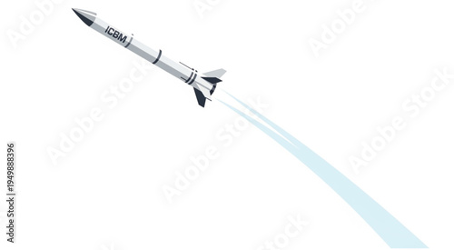 Rocket Launching into Space with Vapor Trail on White Background.