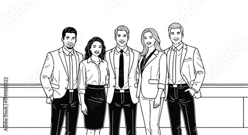 Monochrome line art sketch of professional corporate team