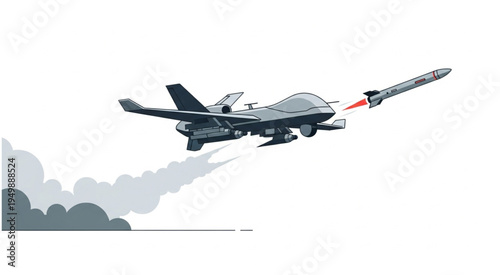 Military Drone Launching Missile with Smoke Trail.
