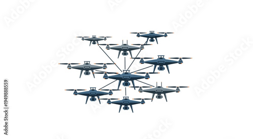 Drone Swarm Communication Network on White Background.