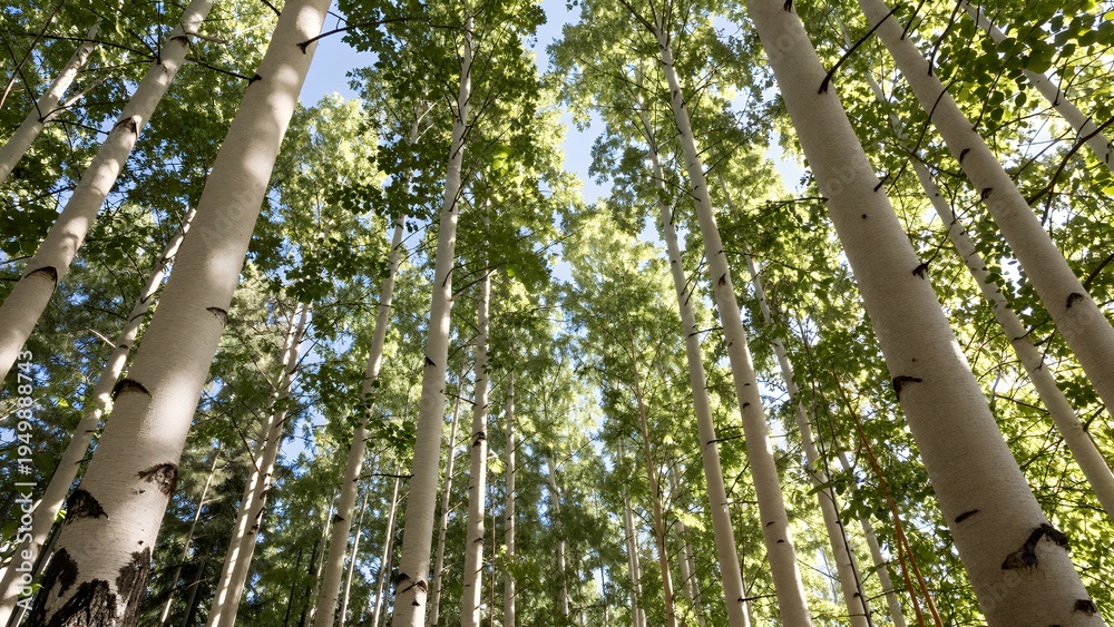 Fototapeta premium Tall Aspen Trees in a Dense Forest with Sunlight Filtering Through the Leaves