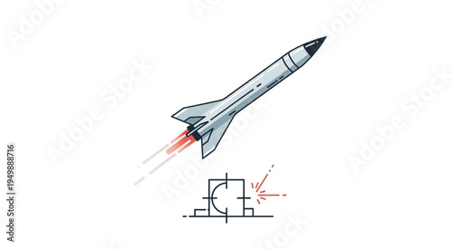 Illustration of a Rocket Launching with Flames and Technical Drawing.