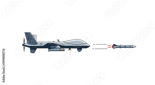 Drone firing missile, military technology, unmanned aerial vehicle, warfare.