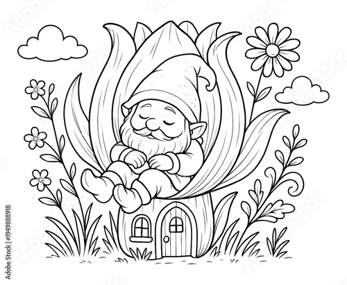 Cute sleeping gnome in a flower house, coloring book page for children, black and white
