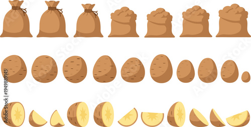 Comprehensive Flat Design Vector Collection Featuring Fresh Potatoes Burlap Sacks Slices and Wedges for Healthy Organic Food Agriculture and Culinary Design Projects