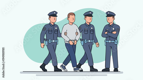 Young man being escorted by police officers in a public setting, law enforcement and arrest concept