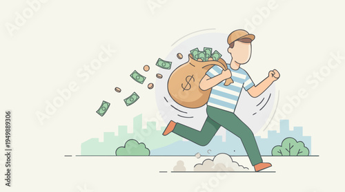 Young man running with a bag full of money in a park representing financial success and wealth motivation