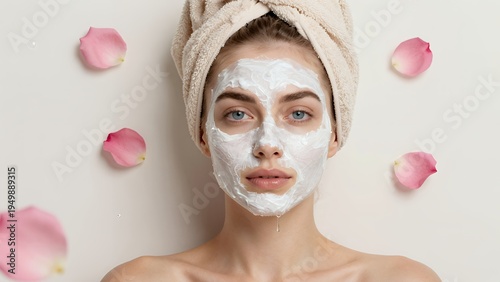 Woman with Face Mask and Towel on Head Surrounded by Rose Petals for Skincare and Relaxation