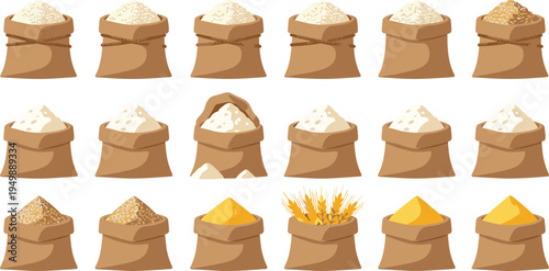 Comprehensive Flat Design Vector Collection Featuring Burlap Sacks of Flour Wheat Grain and Cereal for Agricultural Bakery and Natural Food Design Projects
