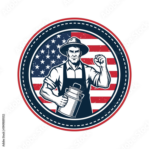 American worker holding milk can with patriotic background