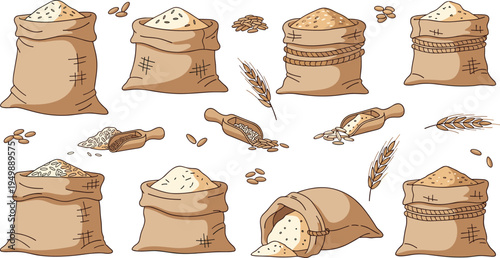 Comprehensive Hand Drawn Vector Collection Featuring Burlap Sacks of Flour Wheat Ears and Wooden Scoops for Agricultural Bakery and Natural Food Design Projects