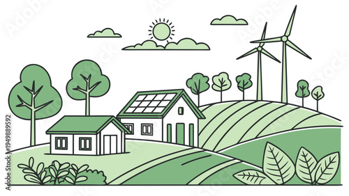 Green Eco Village with Solar Panels and Wind Turbines Vector
