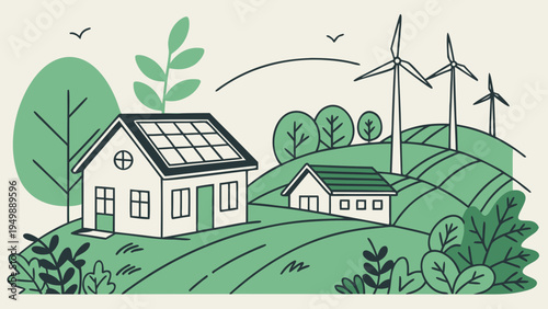 Green Eco Village with Solar Panels and Wind Turbines Vector