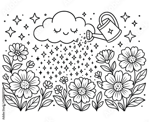 Cloud with watering can raining on flower garden coloring page for kids in outline style