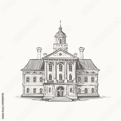 Architectural sketch of a grand classical public building with a majestic dome and impressive facade