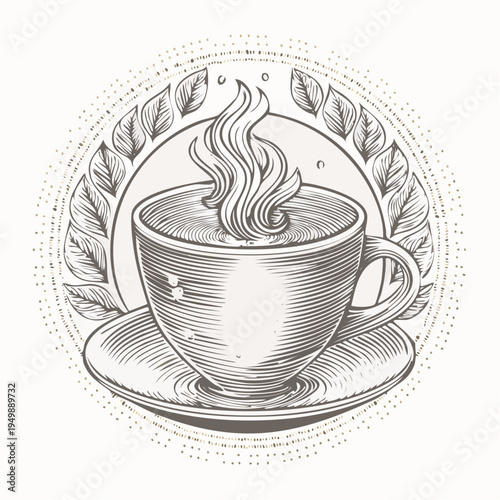 Vintage illustration of a steaming cup of coffee or tea with a laurel wreath