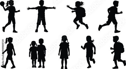 Children Silhouette Set Featuring Boys And Girls Running Playing Sports And Carrying Backpacks For School Education Youth Activities And Recreation