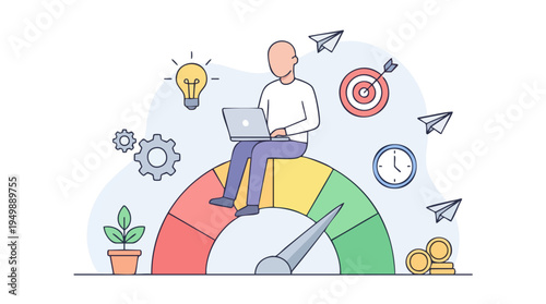 Young man working on a laptop while sitting on a gauge with business icons and productivity symbols in background