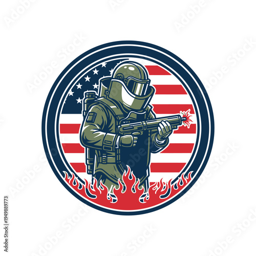 Soldier in hazmat suit holding gun with american flag background and flames