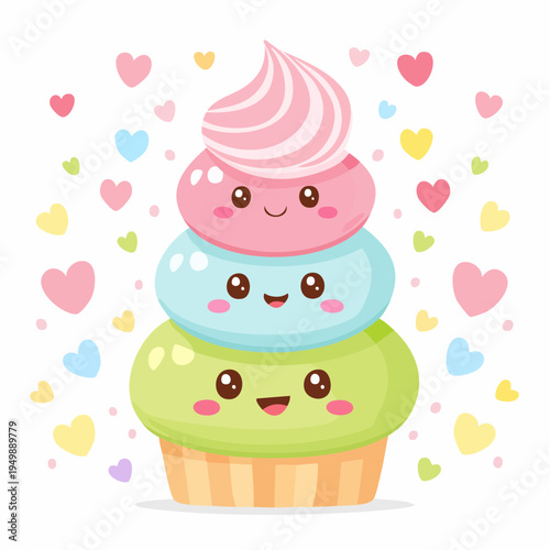 Adorable Kawaii-Inspired Stacked Sweet Treat with Happy Faces and Colorful Hearts, Perfect for Celebrations and Joyful Moments
