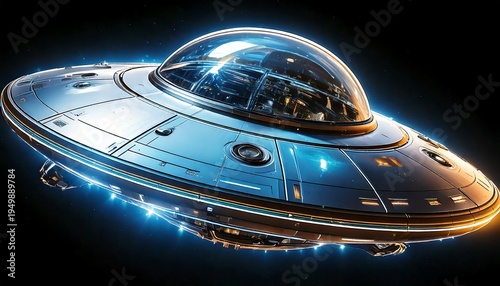 Sleek metallic UFO PNG isolated on transparent background, futuristic flying saucer
