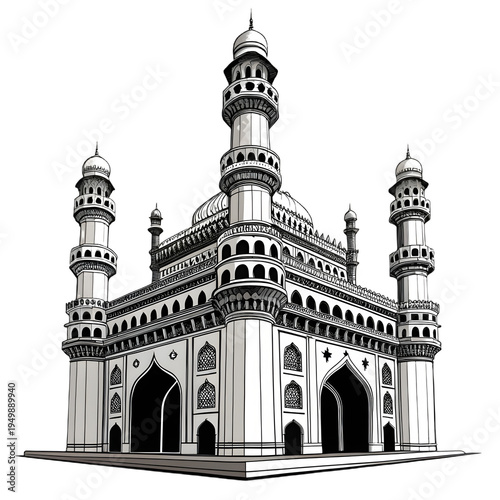 A detailed black sketch of the Charminar monument features its iconic four minarets and arched entryways against a black background.