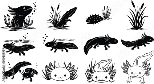 Axolotl Silhouette Collection Featuring Cute Mexican Salamander Illustrations Amphibian Vector Icons Set For Stickers Vinyl Cutting And Aquatic Nature Design Elements