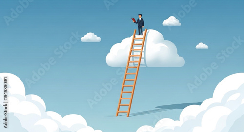 Businessman standing on a cloud looking through binoculars.