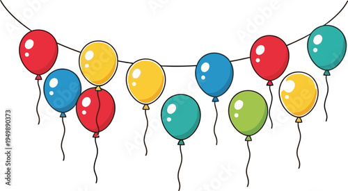 Colorful birthday party balloons floating and isolated on a white background with bright festive decoration illustration